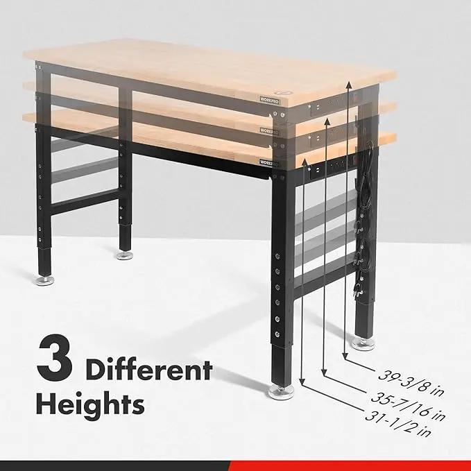 WORKPRO 48" Adjustable Workbench, Rubber Wood Top Heavy-Duty Workstation, 2000 LBS Load Capacity Hardwood Worktable with Power Outlets, for Workshop, Garage, Pack of 10 by GreenHaven Gardens