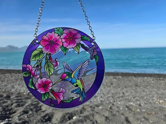 Stained Glass Window Hanging, Hummingbird Gifts for Women, Bird and Flowers Suncatcher for Window, 6" Purple Stained Glass Suncatchers, Hand Painted Glass for Birds Lover (6 inch) by GreenHaven Gardens