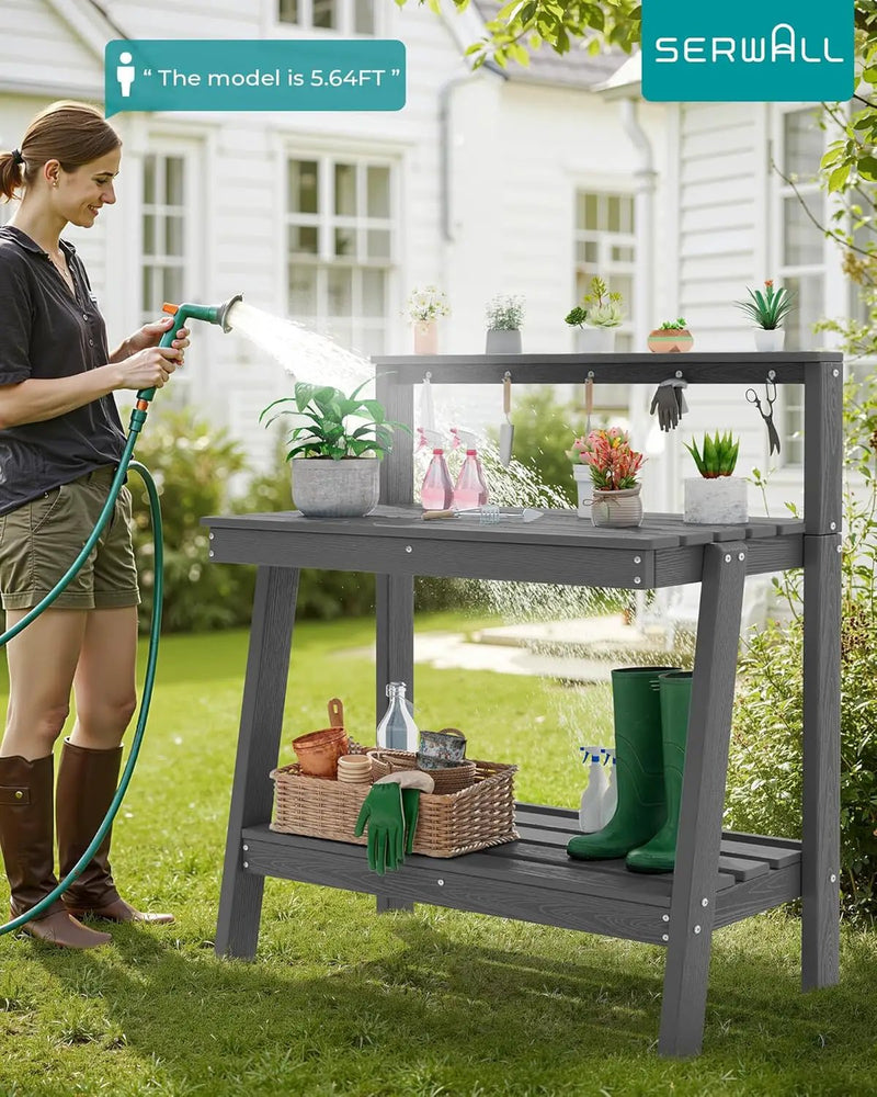 SERWALL Potting Bench Outdoor with Storage, 3-Tier HDPE Gardening Table with Angled Legs & Tool Hooks, All-Weather Heavy Duty Potting Table for Patio, Backyard, Garden, Gray by GreenHaven Gardens