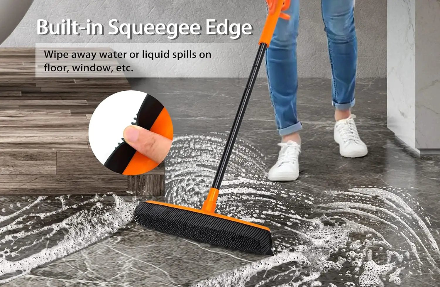 JEHONN Rubber Broom Carpet Rake for Pet Hair Remover, Fur Removal with Squeegee, Portable Detailing Brush Brush, 52.8 Inches Telescopic Long Handle for Fluff Carpet by GreenHaven Gardens