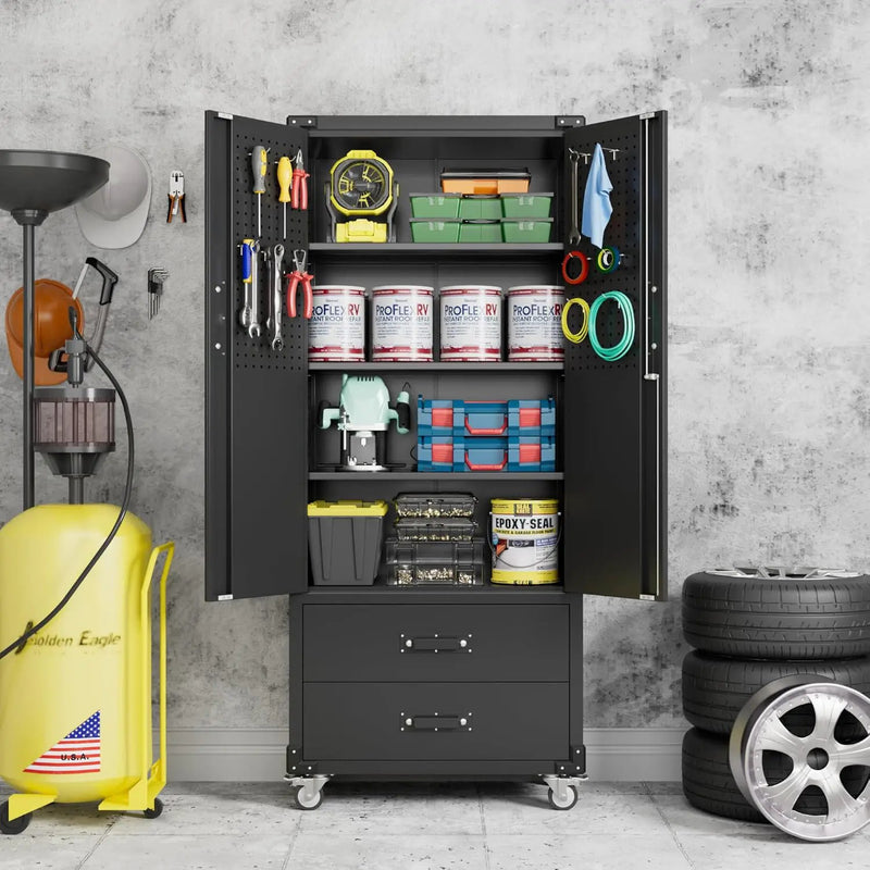 Upgraded Metal Garage Storage Cabinet with Wheels and 2 Drawers, Rolling Tool Cabinet with 3 Shelves and Pegboard Behind The Door for Home Office Garage,Assembly Required,Black by GreenHaven Gardens