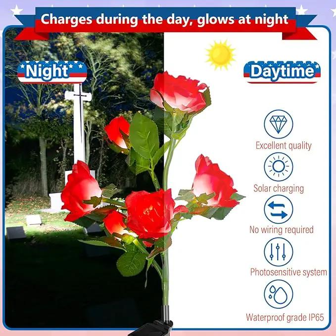 Woanger 4 Pcs Solar Flowers Cemetery Grave Decorations Outdoor LED Flower Lights with 6 Rose Powered Garden Stake Lights Waterproof for Independence Day Grave Decorations(Red, White) by GreenHaven Gardens