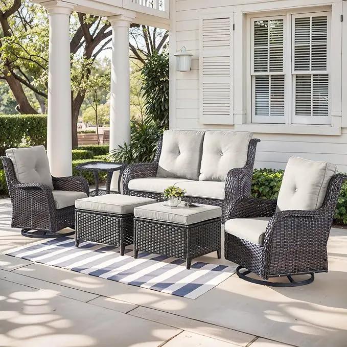 Outdoor Wicker Patio Furniture Set - 6 Piece Rattan Patio Conversation Set with 2 Rocking Swivel Chairs,2 Ottomans,1 Loveseat and 1 Side Table for Porch Deck Backyard Garden(Brown/Beige) by GreenHaven Gardens