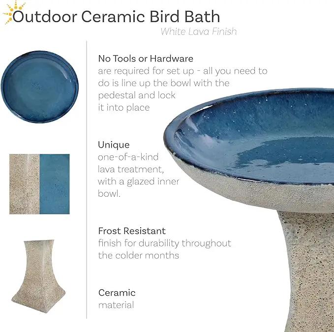 Sunnydaze Ceramic Bird Bath for Outside - 16" H - UV- and Frost-Resistant - Pedestal Bird Bath - Blue Glazed Bowl - White Lava Finish by GreenHaven Gardens
