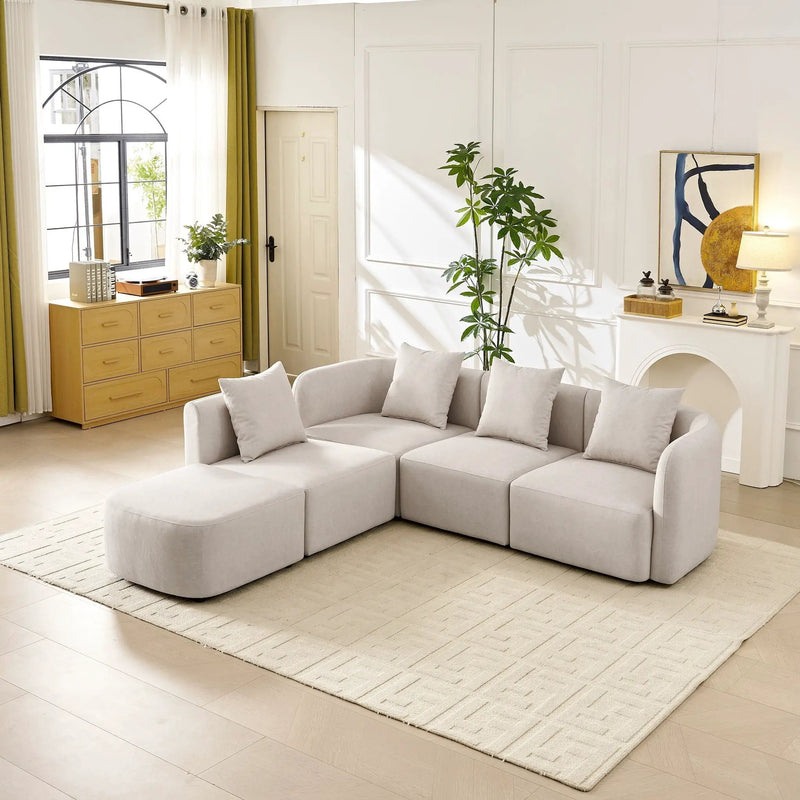 L-Shaped Modular Sectional Sofa With Ottoman, Living Room Furniture Set - Beige by HouseOfZazla