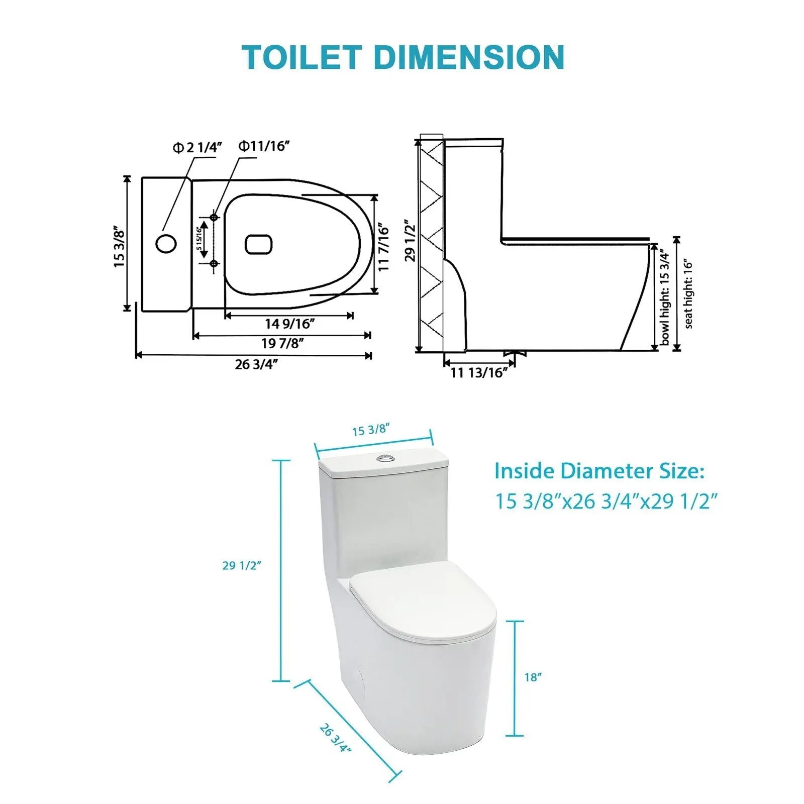 1 Piece Toilet For Bathroom, Soft Closing Seat, Dual Flush 1.1 / 1.6 Gpf - White by HouseOfZazla