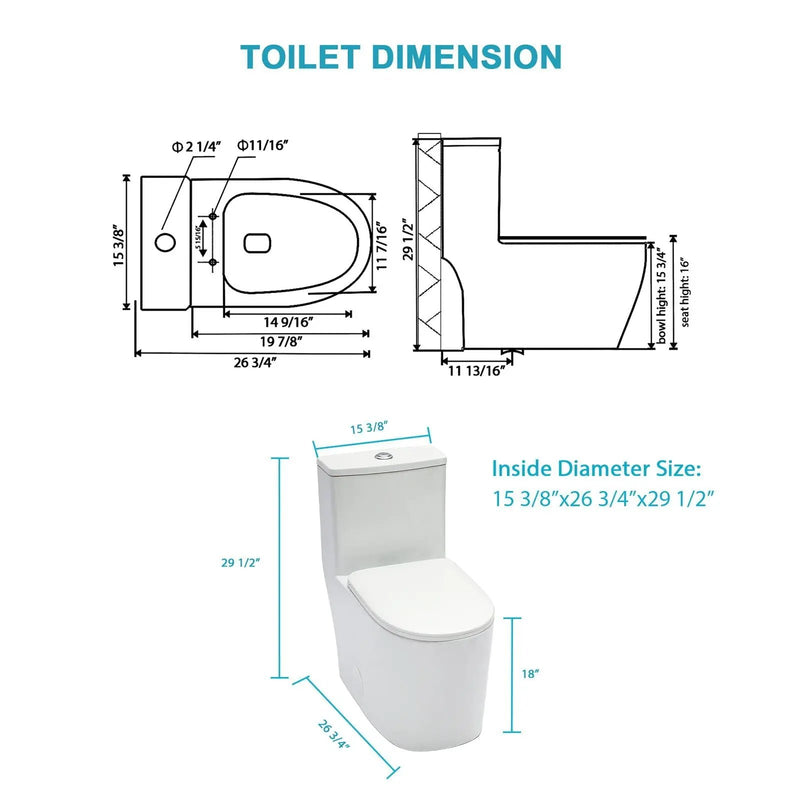 1 Piece Toilet For Bathroom, Soft Closing Seat, Dual Flush 1.1 / 1.6 Gpf - White by HouseOfZazla