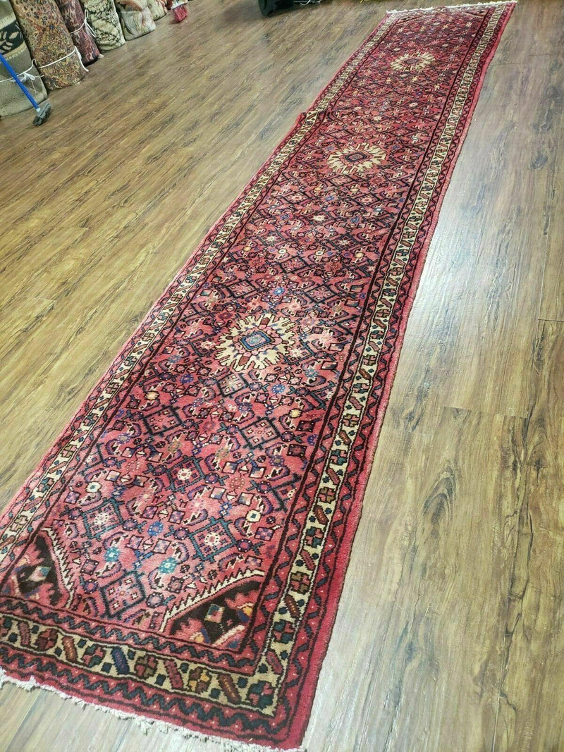 Persian Hamadan Runner Rug 2.8 x 14, Red, Vintage Handmade Wool Runner Rug by Jewel Rugs