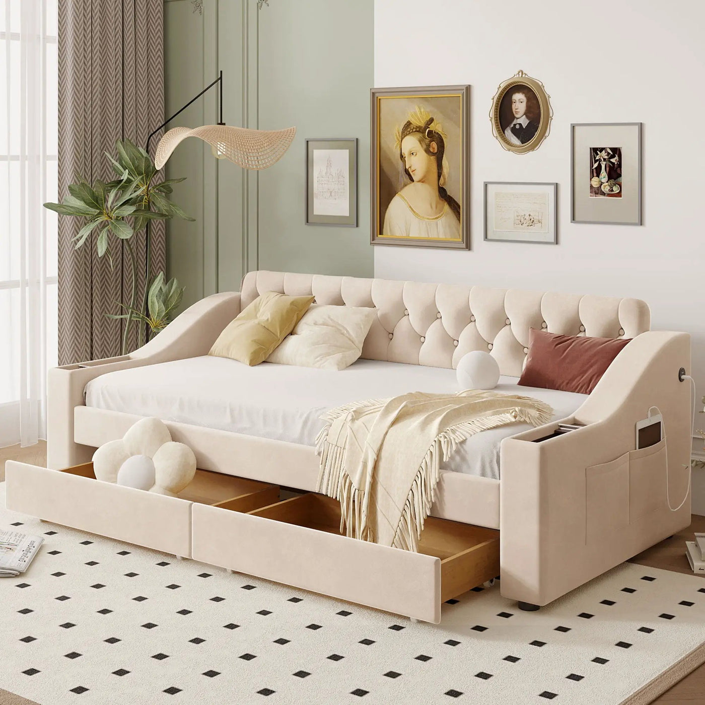 Upholstered Daybed With Storage Armrests And USB Port by HouseOfZazla
