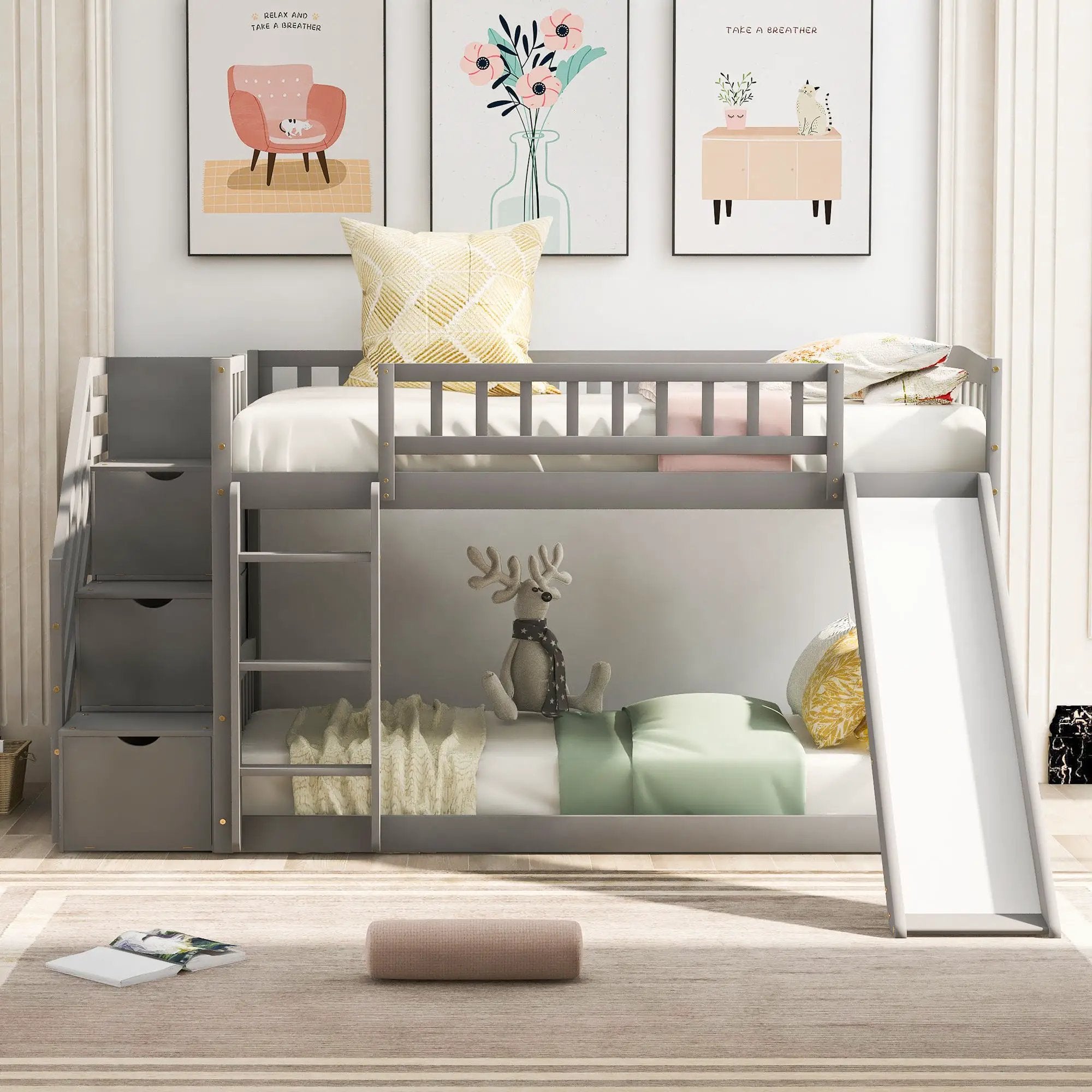 Twin Over Twin Bunk Stairway Bed With 2 Drawers And Slide - Gray by Unique Piece Furniture