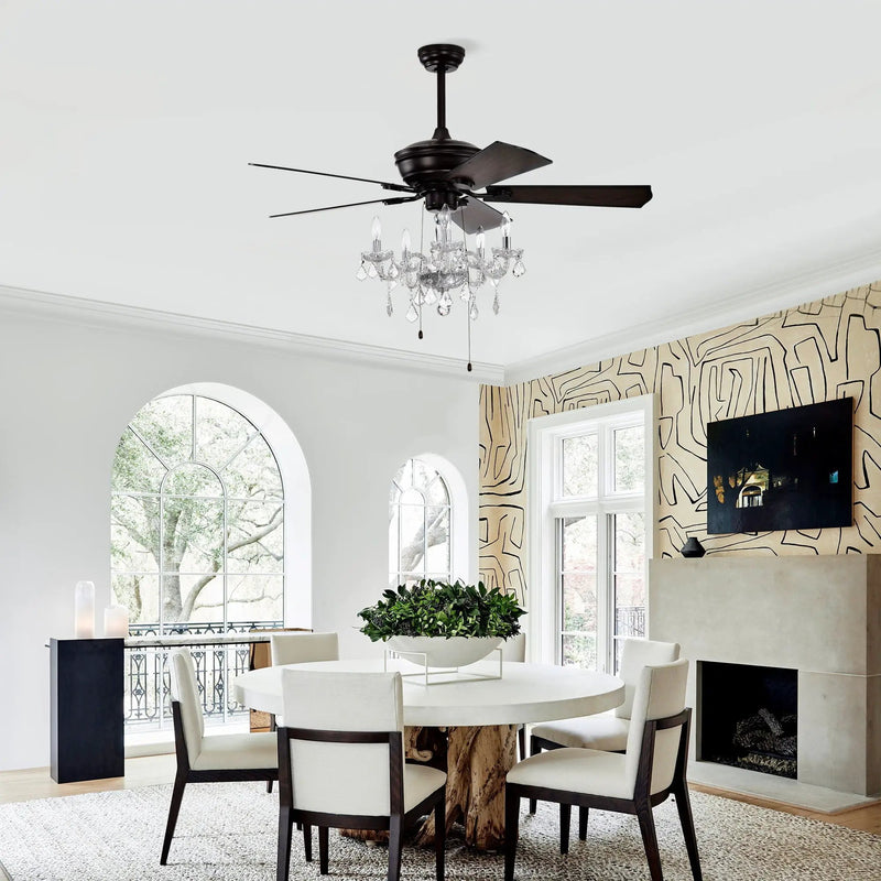 52" Crystal Shade Ceiling Fan Lamp, 3 Speed, 4 Timing, 5 Reversible Blades Crystal Ceiling Fan, 5 Pieces X E12 (No Include Bulb), Hand Pull Chain - Matte Black by HouseOfZazla