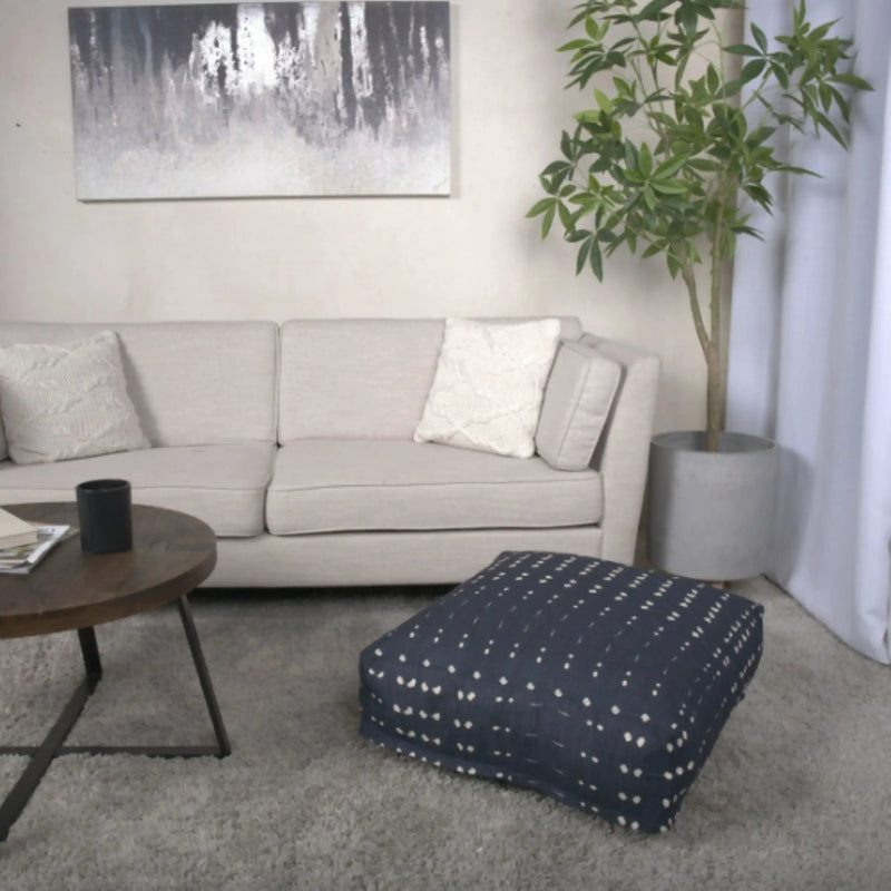 Dalm - Fabric Square Pouf Ottoman With Polystyrene Beads Filling - Dark Blue / White by HouseOfZazla