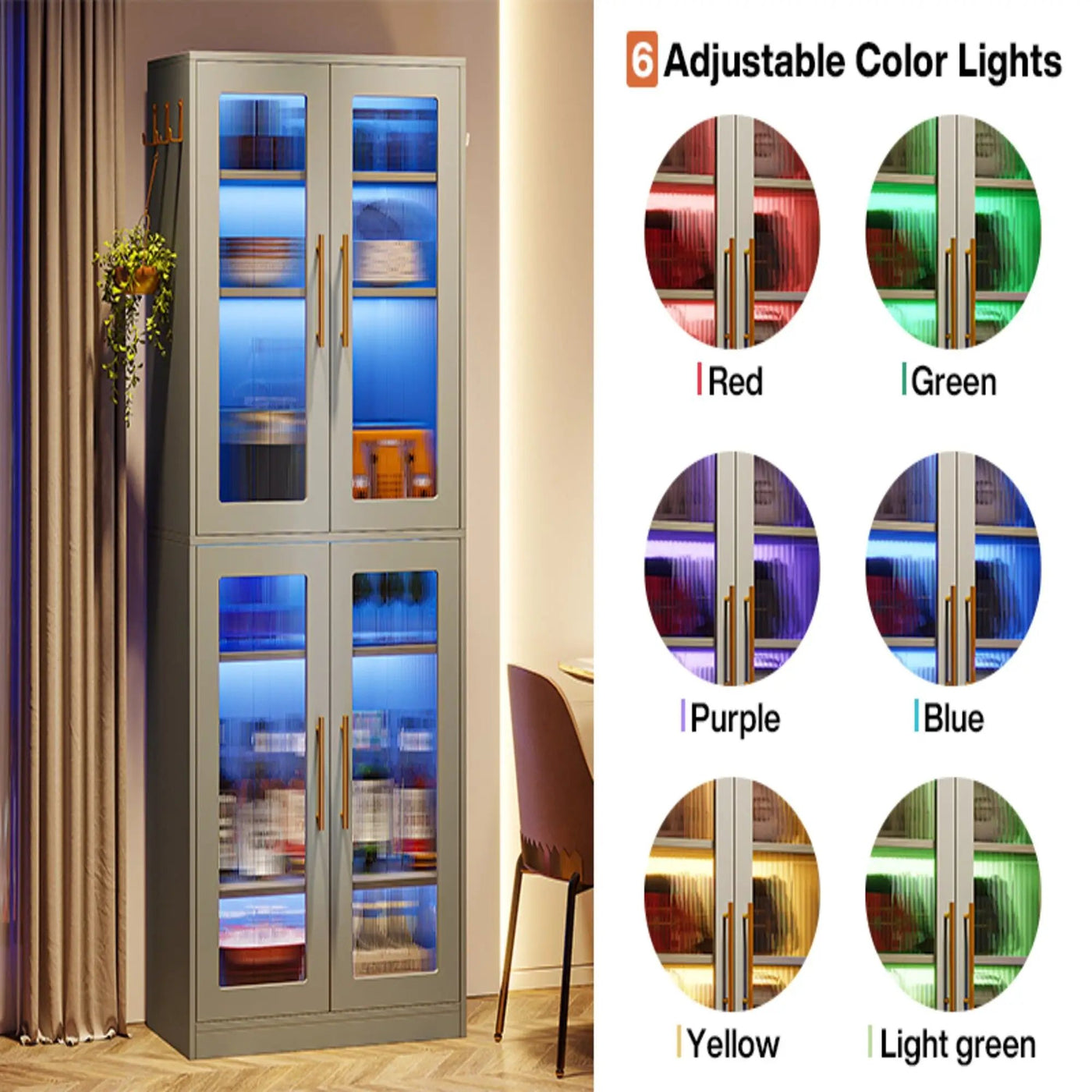 Bookcase With Doors And LED Lighting, 8 Adjustable Shelves Storage Cabinet by HouseOfZazla