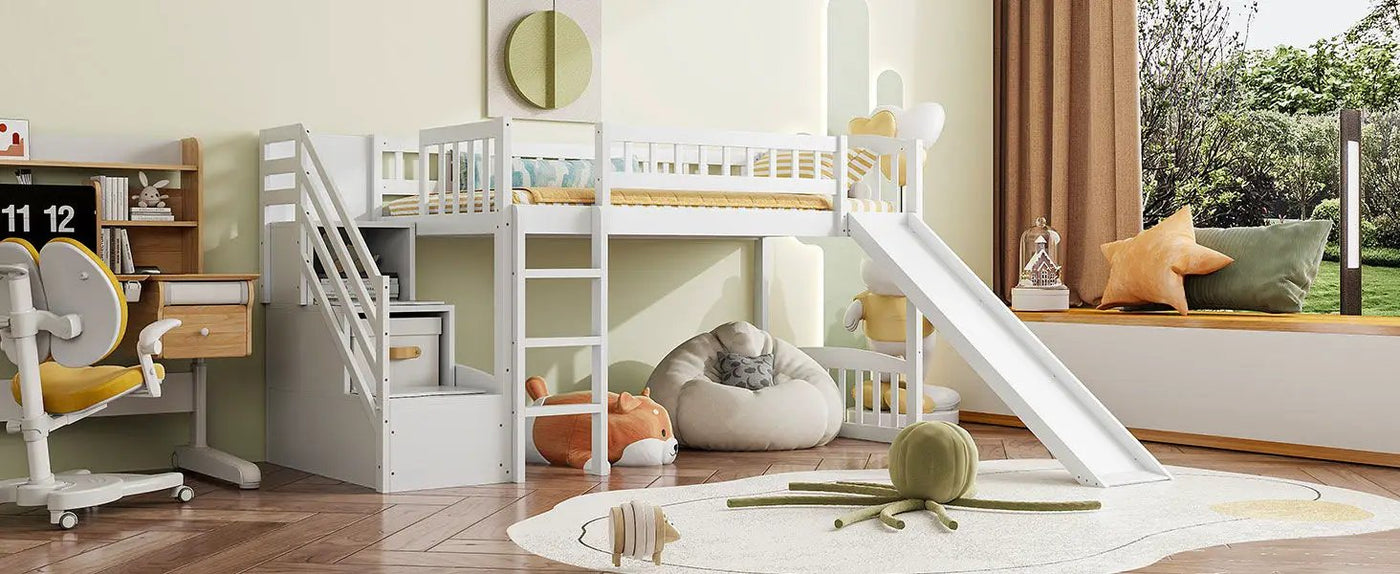 Loft Stairway Bed With 2 Drawers, Convertible Ladder And Slide by HouseOfZazla