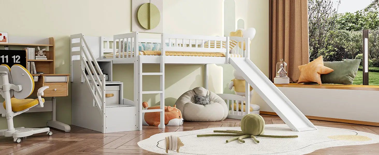 Loft Stairway Bed With 2 Drawers, Convertible Ladder And Slide by HouseOfZazla
