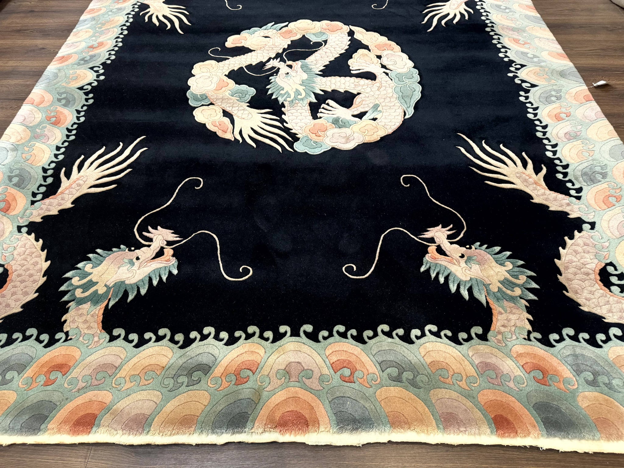 Black Chinese Wool Rug 8x10 with Dragons, Rainbow Borders, Rare by Jewel Rugs