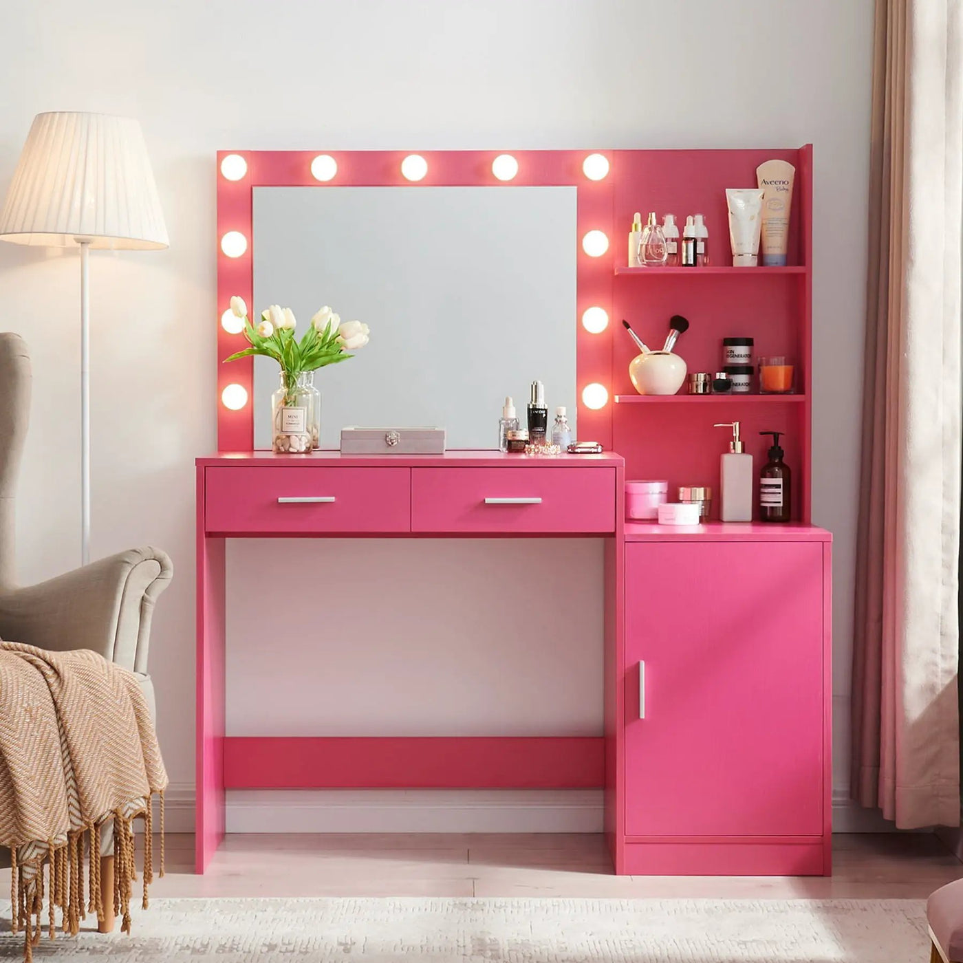 Vanity Desk With Mirror And Lights, 46.4In Dressing Table With 2 Large Drawer & Large Vertical Organizer, 3 Level Dresser & 3 Lighting Modes Adjustable Brightness, Suitable For Bedroom by Unique Piece Furniture