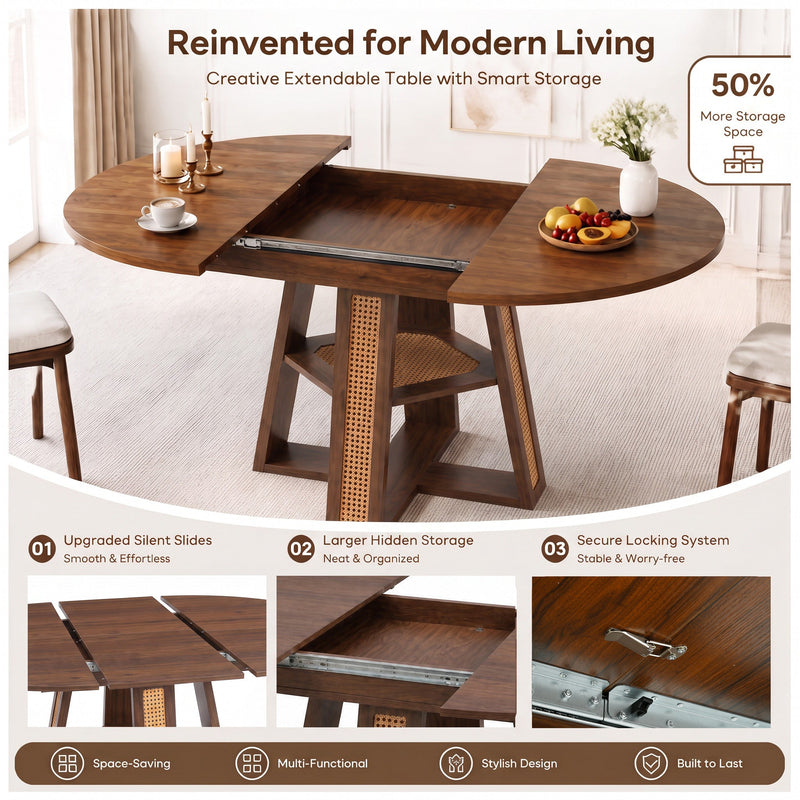 Extendable Round Dining Table for 4-6 with Storage Shelf - Particle Board, photo 4 of 10