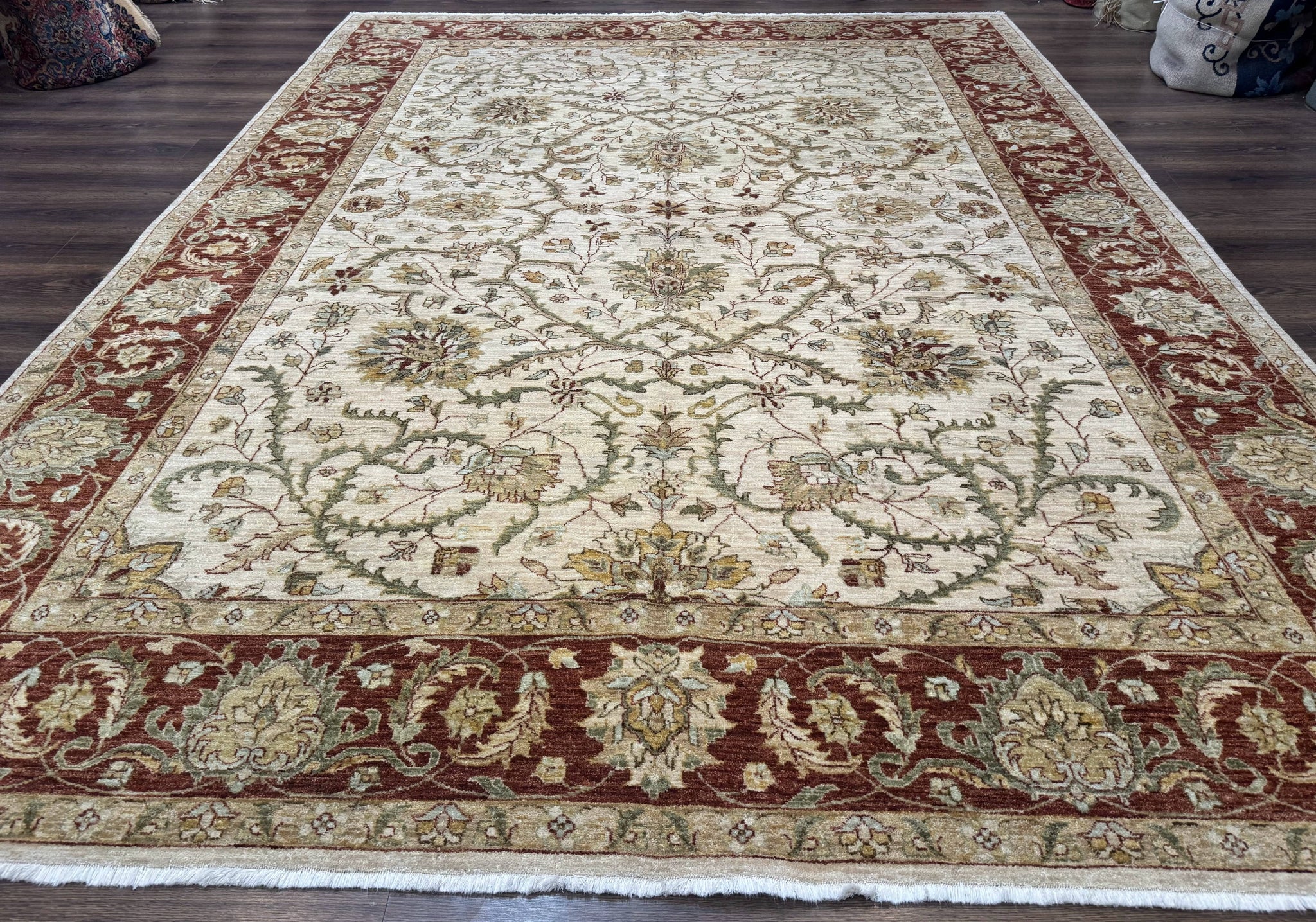 Pakistani Rug 9x12, Floral Allover Peshawar Carpet, Chobi, Beige and Rust Red, Traditional by Jewel Rugs