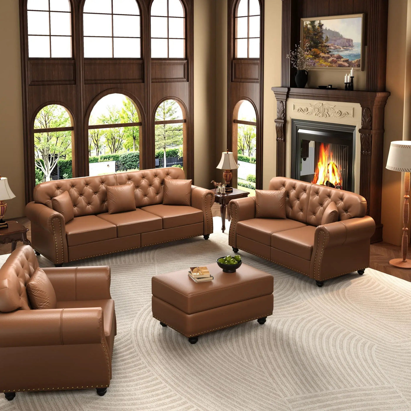 Upholstered Sofa With Nailhead Trim, Rolled Armrests With Ottoman by HouseOfZazla