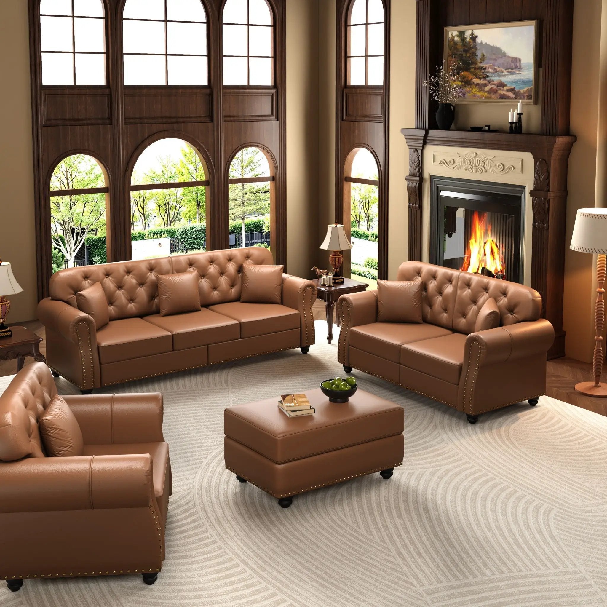 Upholstered Sofa With Nailhead Trim, Rolled Armrests With Ottoman by HouseOfZazla