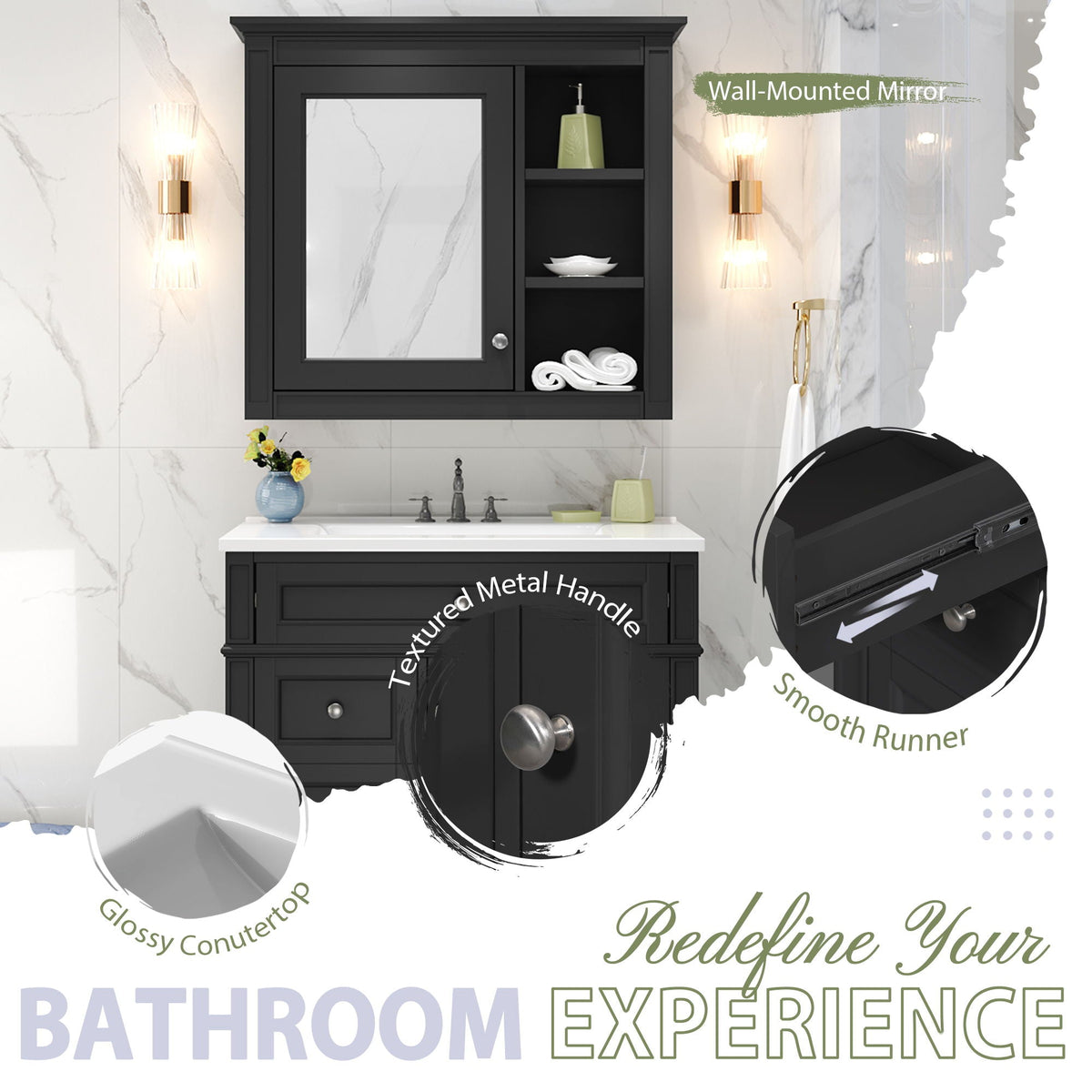 Bathroom Vanity With Medicine Cabinet, Royal Mirror Cabinet, Modern Bathroom Storage Cabinet With 2 Soft Closing Doors And 4 Drawers, photo 27 of 40