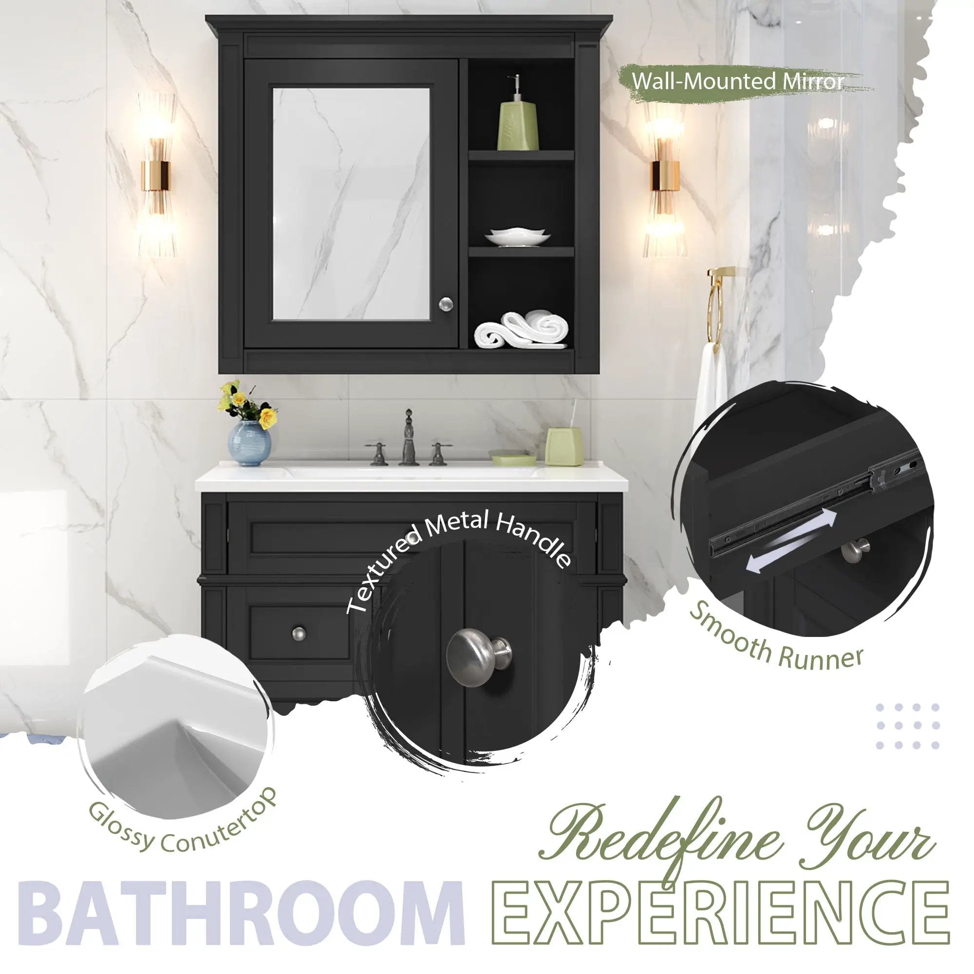 Bathroom Vanity With Medicine Cabinet, Royal Mirror Cabinet, Modern Bathroom Storage Cabinet With 2 Soft Closing Doors And 4 Drawers by Unique Piece Furniture
