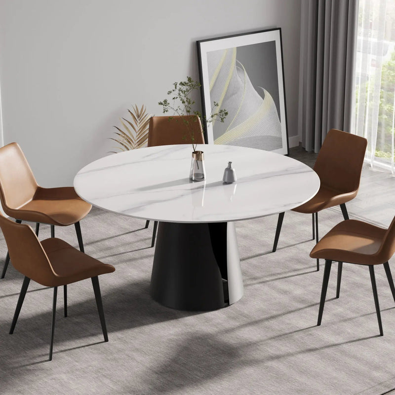59.05" Modern Artificial Stone Round Carbon Steel Base Dining Table - White / Black by Unique Piece Furniture