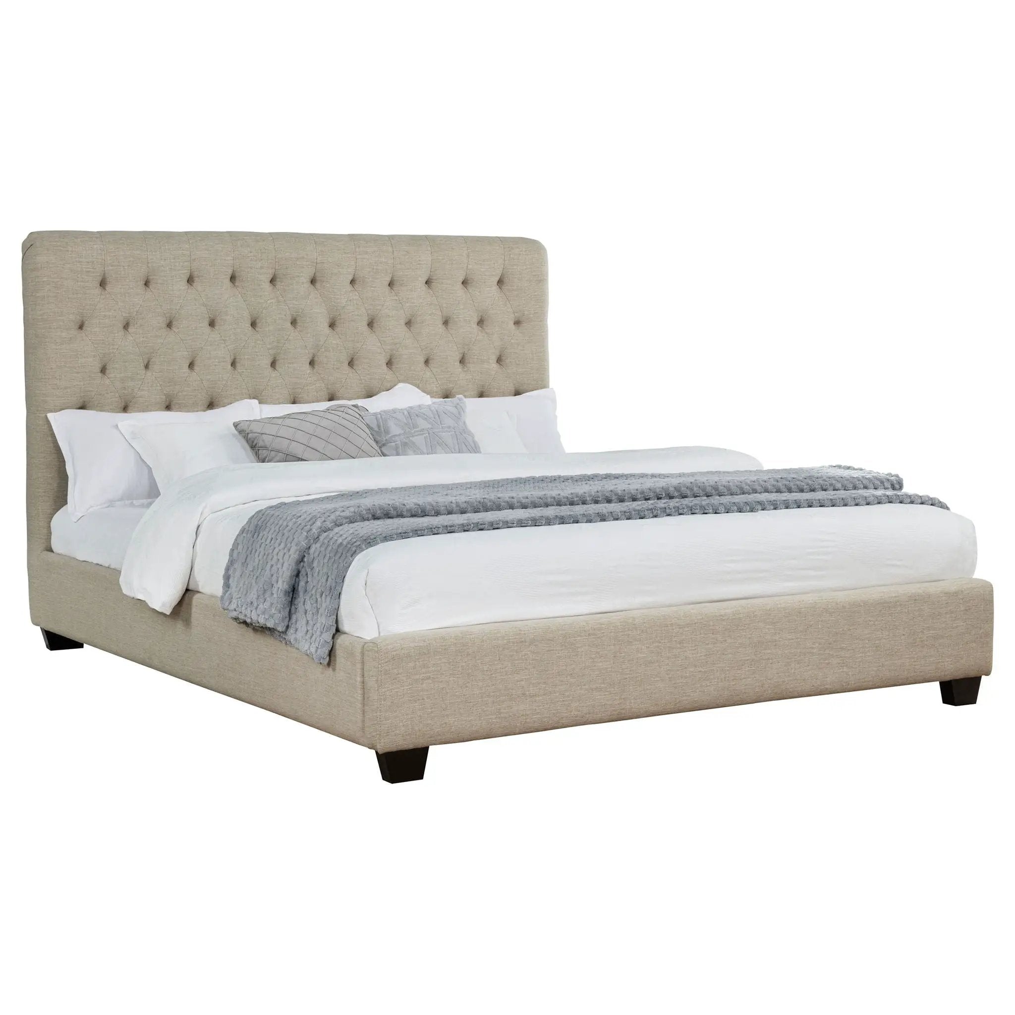 Upholstered California King Bed With Tufted Headboard And Birch Legs - Oatmeal by HouseOfZazla