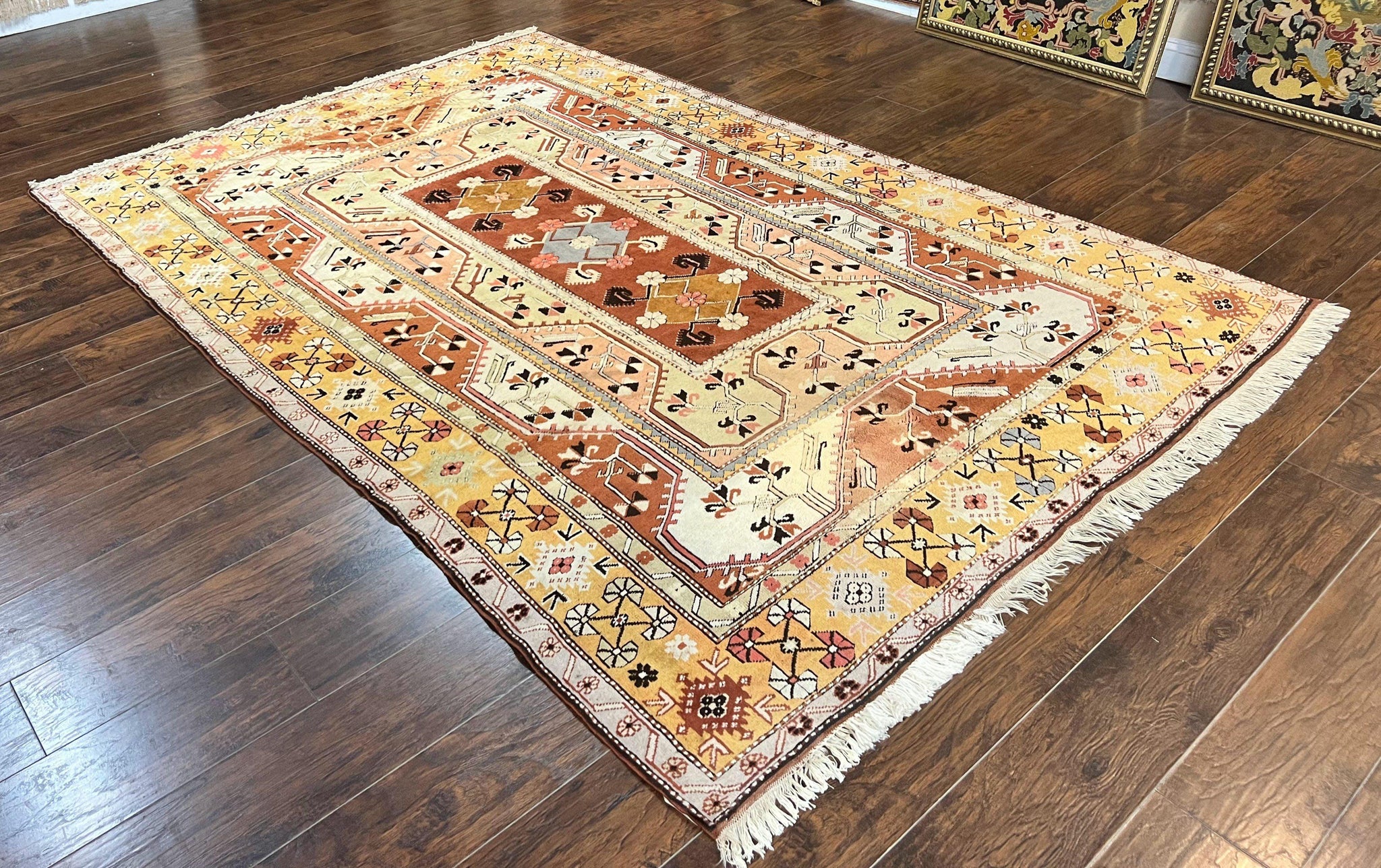Turkish Rug 7x10, Wool Hand Knotted Vintage Carpet, Geometric Kazak Pattern by Jewel Rugs