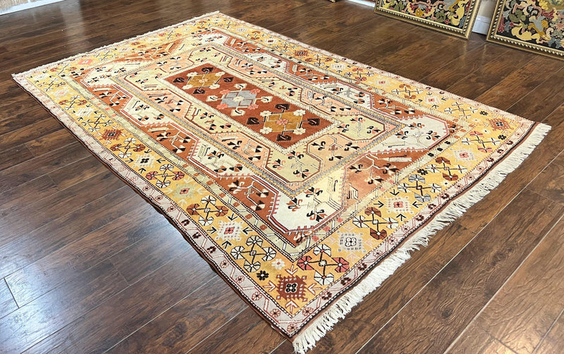 Turkish Rug 7x10, Wool Hand Knotted Vintage Carpet, Geometric Kazak Pattern by Jewel Rugs