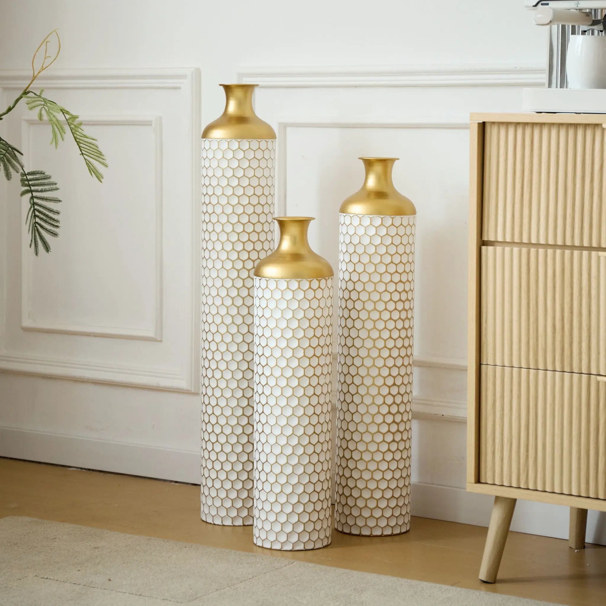 3 Piece Set Gorgeous Home Decoration Large Glazed Floor Vase Decoration Home Droplet Shaped - Gold / White by Unique Piece Furniture
