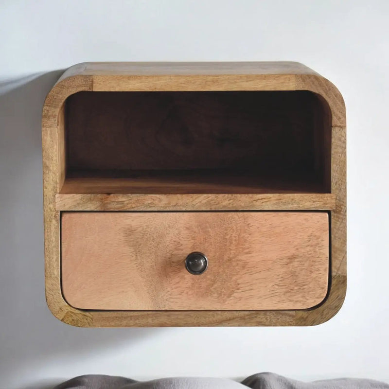 Extra Mini Wall-Mounted Curved Oak-ish Nightstand with Open Slot, 1-Drawer by HouseOfZazla