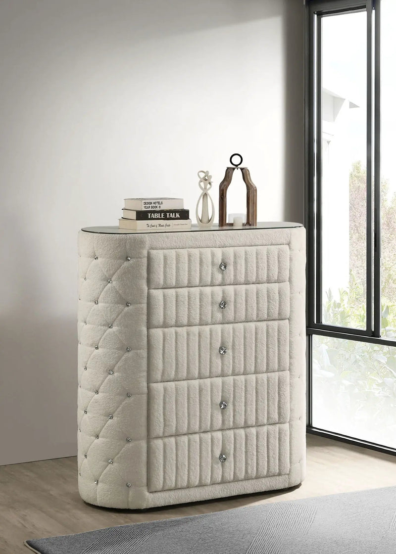 Sonya 5-drawer Upholstered Bedroom Chest of Drawers Ivory by Unique Piece Furniture