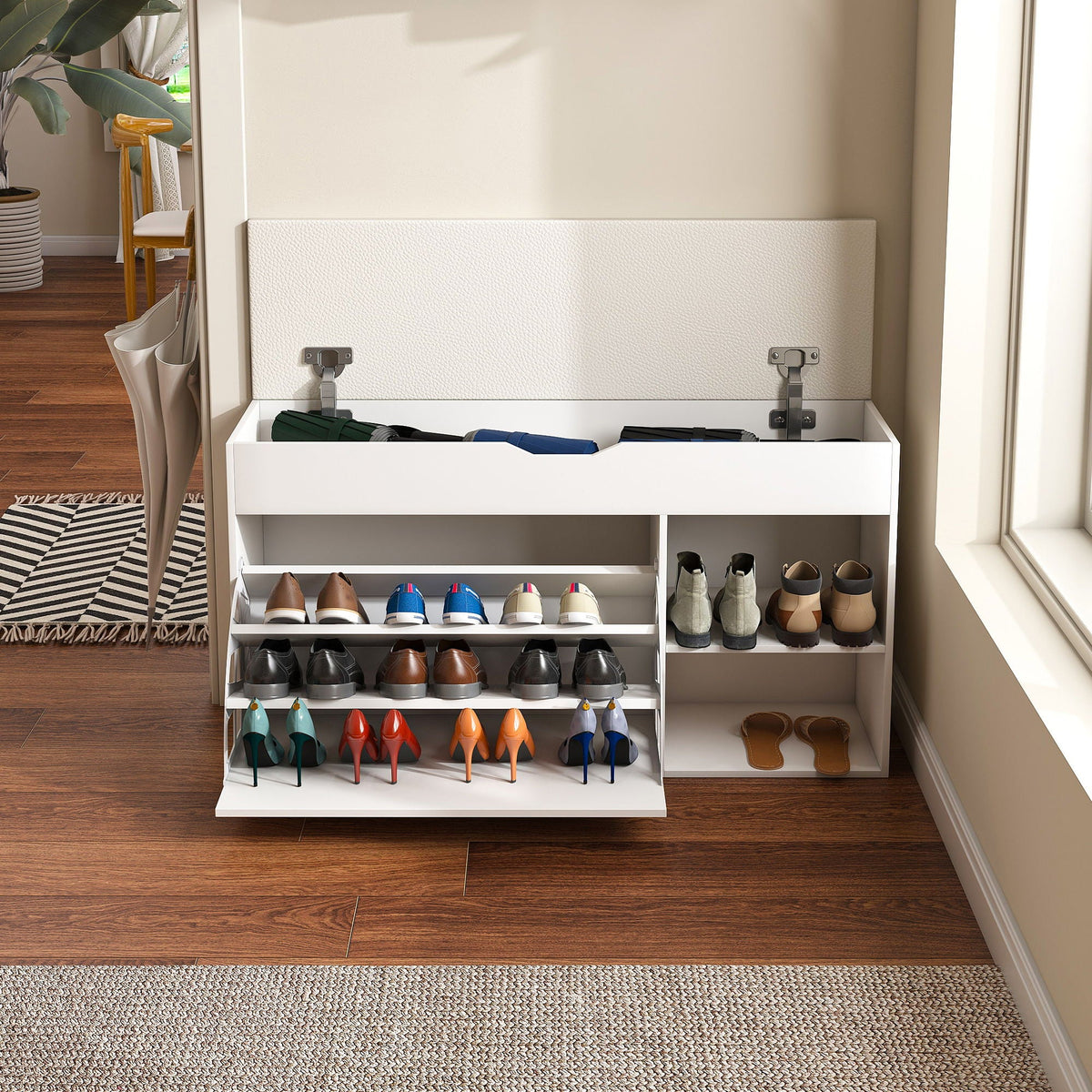 Modern White Entryway Bench with Adjustable 3-Tier Flip-Up Drawers and Hidden Cabinet, photo 5 of 10