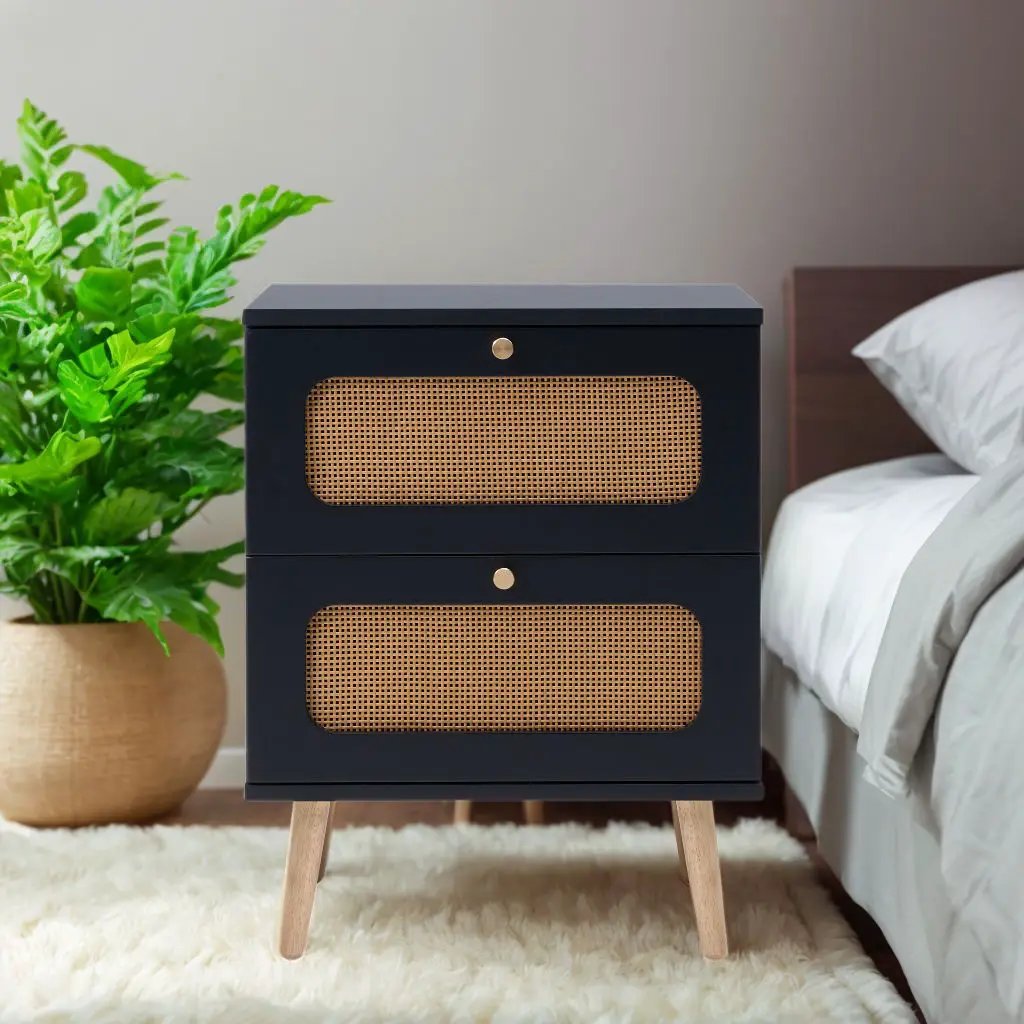 2 Drawer Rattan Nightstand For Bedroom And Living Room, End Table, Side Table With 2 Hand Made Rattan Decorated Drawers - Black by HouseOfZazla