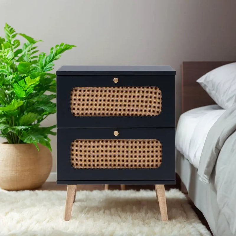 2 Drawer Rattan Nightstand For Bedroom And Living Room, End Table, Side Table With 2 Hand Made Rattan Decorated Drawers - Black by HouseOfZazla