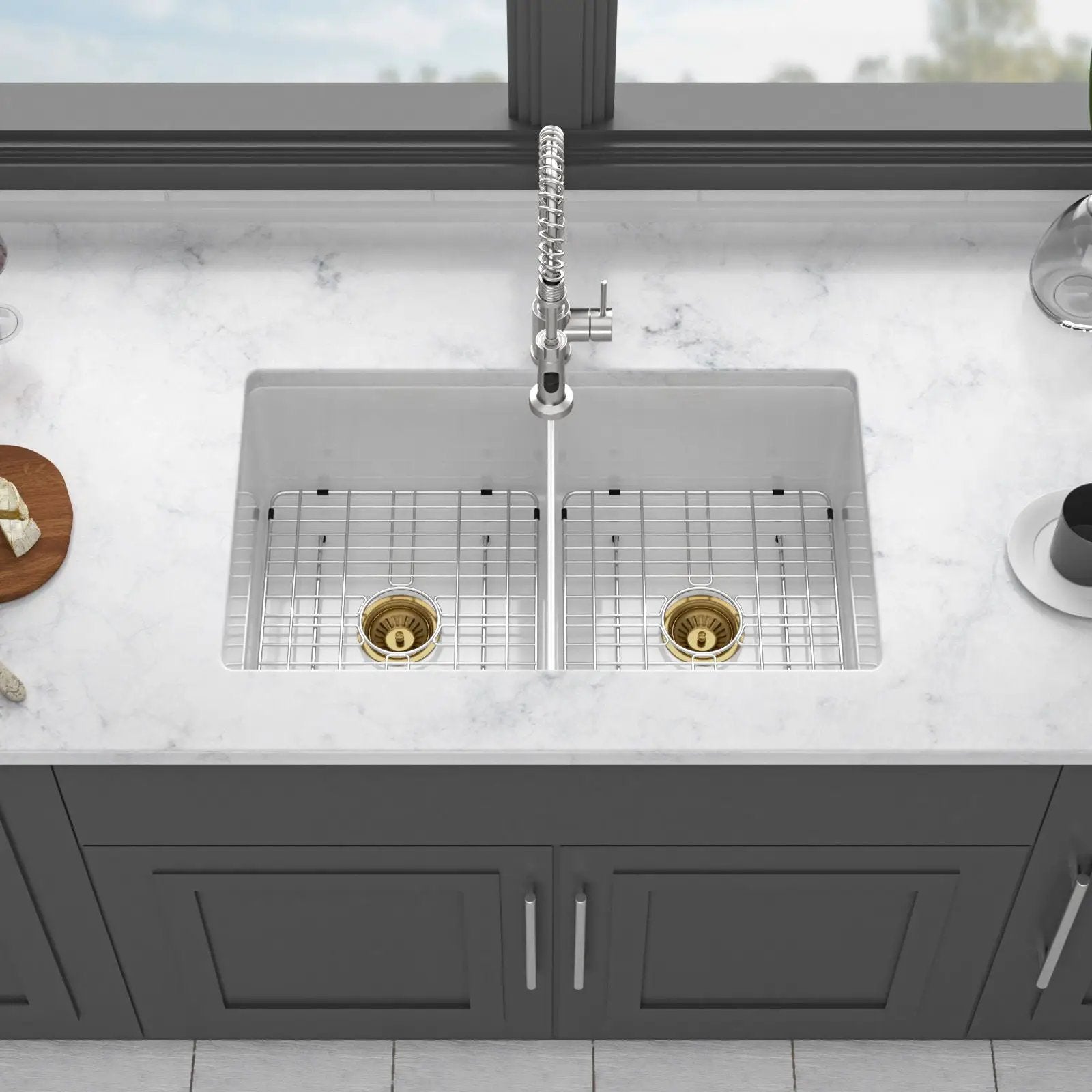 32" Undermount Double Bowl Kitchen Sink Rectangular Deep Dual Bas With Grids - White by HouseOfZazla