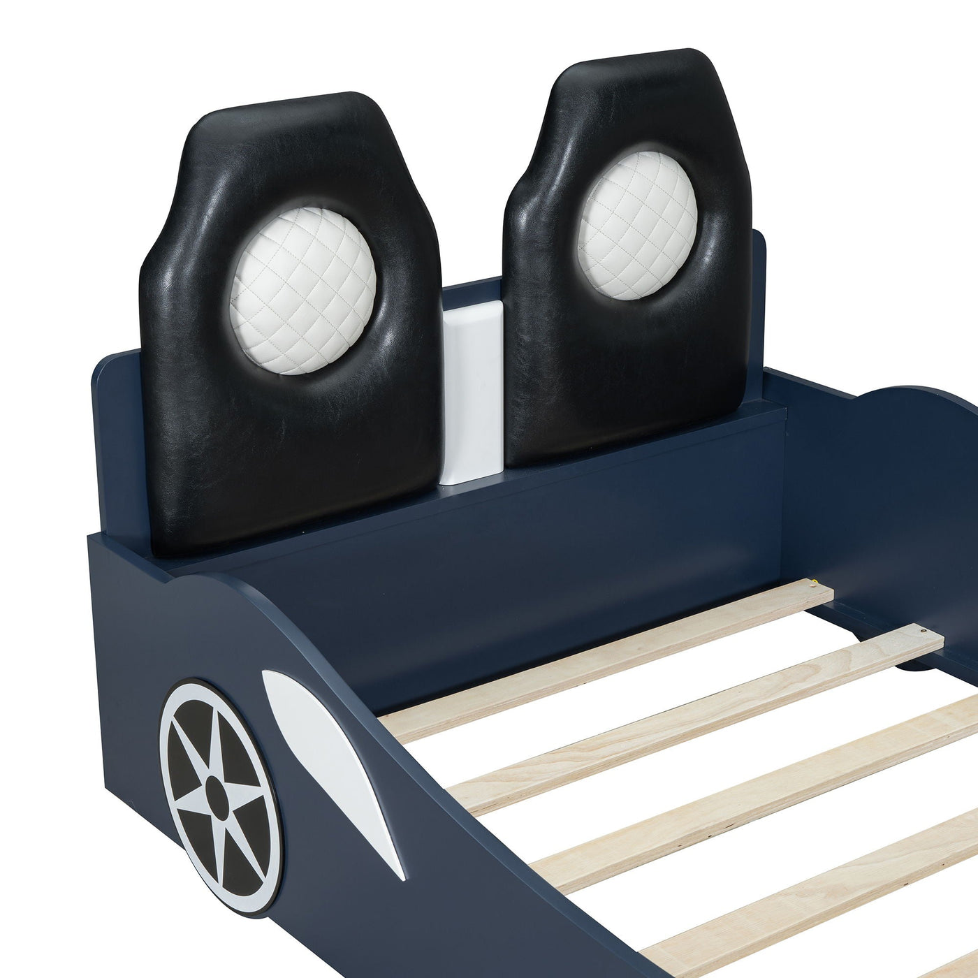 Race Car Shaped Platform Bed With LED And Upholstered Backrest In by HouseOfZazla