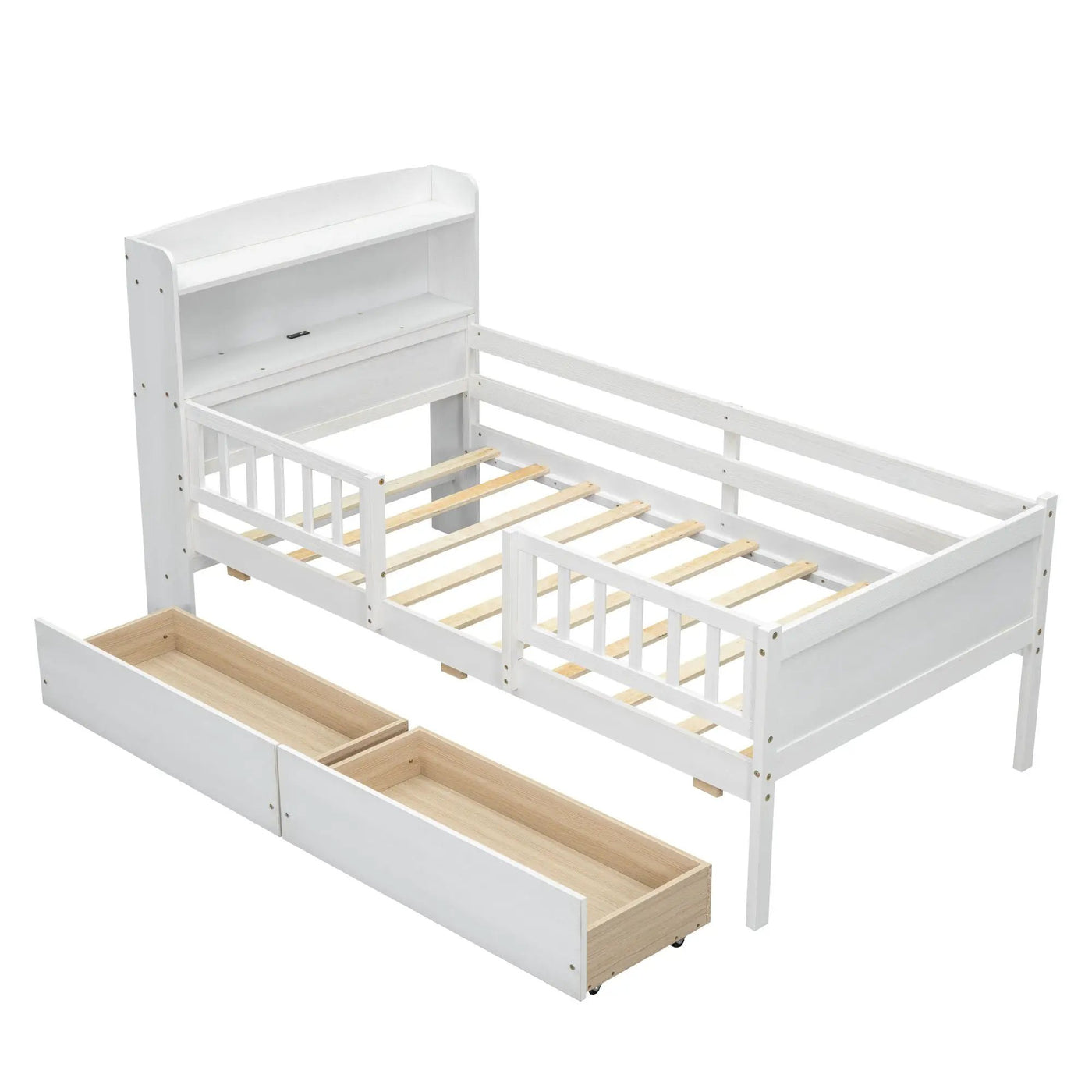 Platform Bed With LED Light, Multi Functional Headboard, Guardrail And 2 Drawers by HouseOfZazla