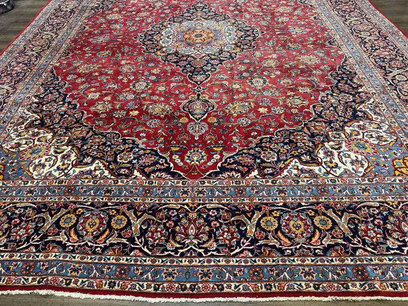 Large Persian Kashan Rug 11x14, Traditional Persian Carpet, Wool, Fine 250 KPSI, Red Navy Blue by Jewel Rugs