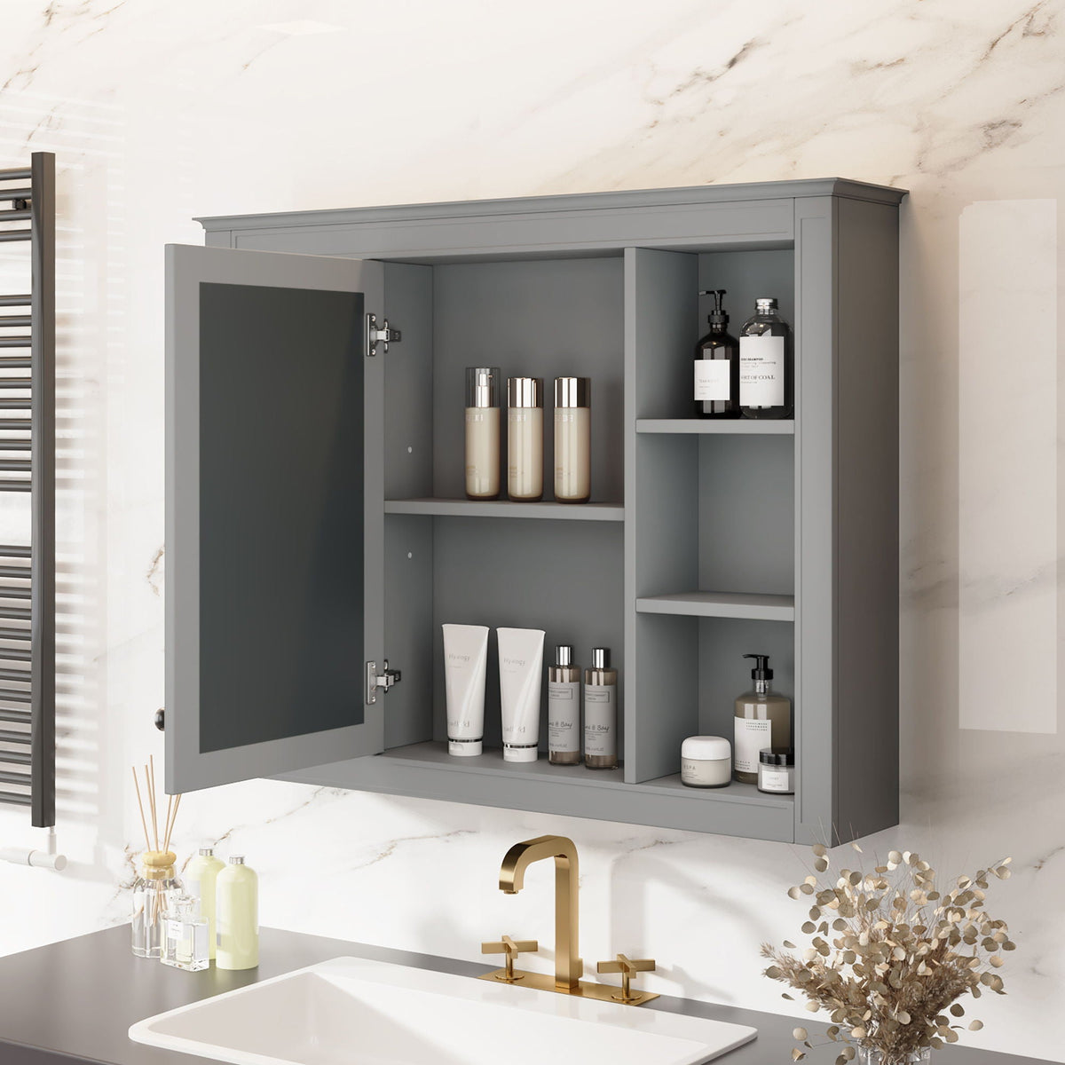 Wall Mounted Medicine Cabinet with Mirror and 6 Open Shelves - Multiple Colors, photo 11 of 16