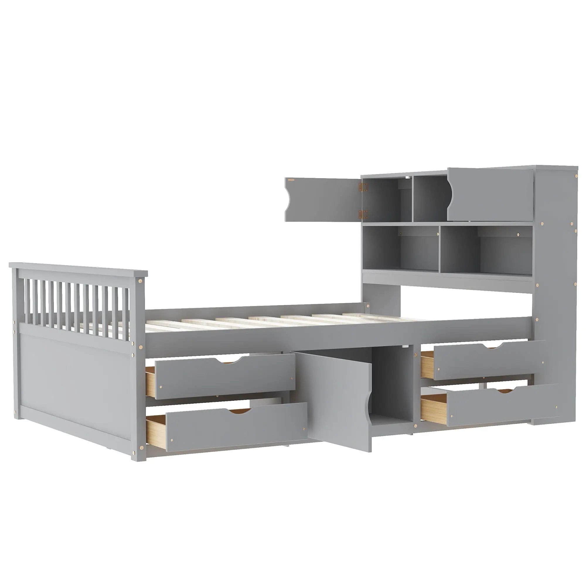Captain Platform Bed Frame With Bookcase Headboard, 4 Drawers, Storage Shelves by Unique Piece Furniture