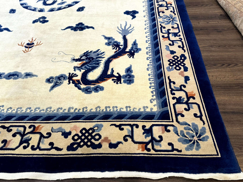 Chinese Dragon Peking Rug 8 x 11.6, Ivory and Blue, Chinese Wool Rug, Vintage by Jewel Rugs