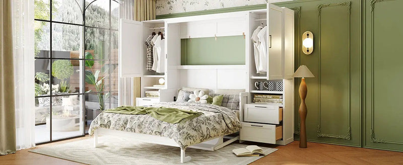 Queen Size Murphy Bed Wall Bed with Closet, Drawers and Shelves, White by HouseOfZazla