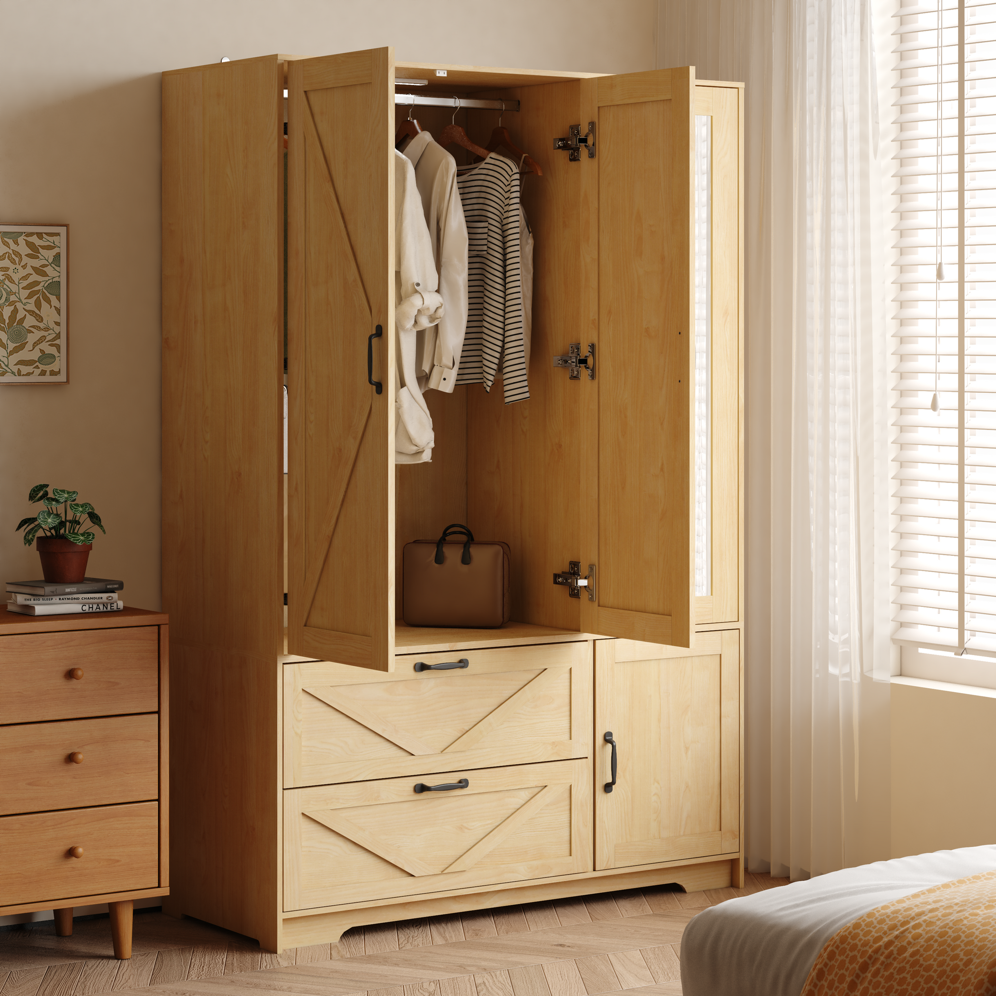 4 Doors Wardrobe Closet with Mirror, LED Lighting & Storage by HouseOfZazla