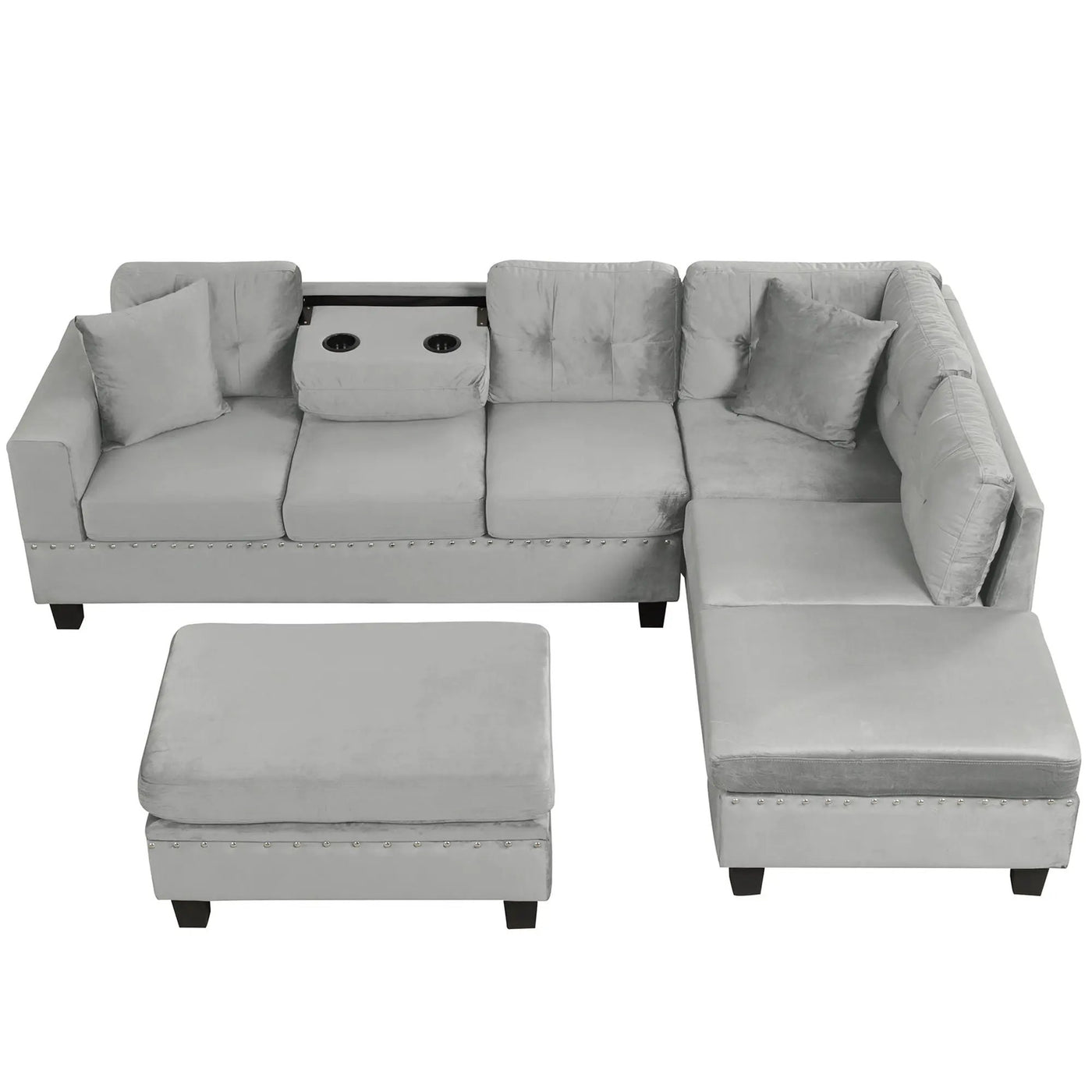 Modern Sectional Sofa With Storage Ottoman, L - Shape Couch With 2 Pillows And Cup Holders by HouseOfZazla