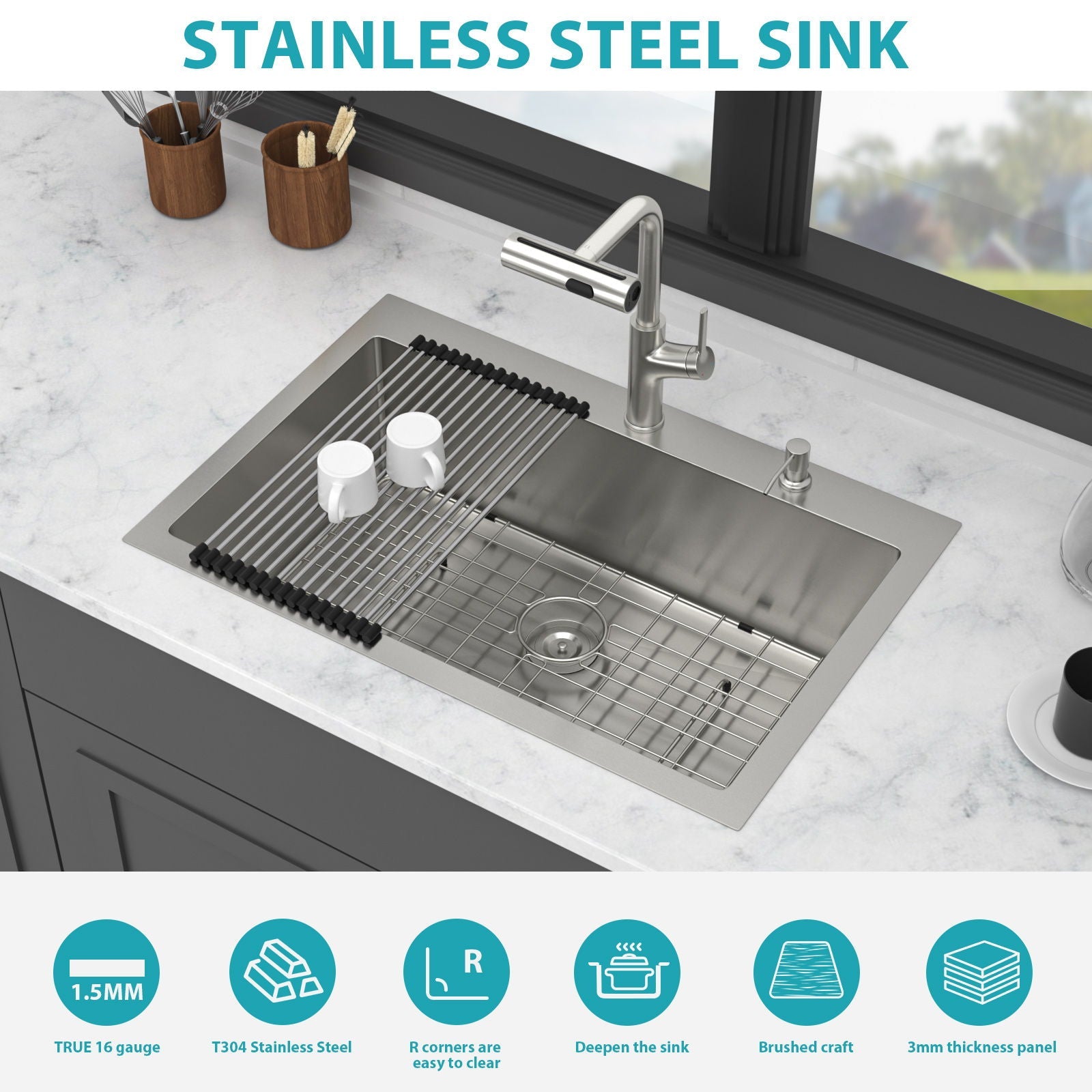 Drop-In Kitchen Sink With Pull-Out Faucet And Soap Dispenser by HouseOfZazla