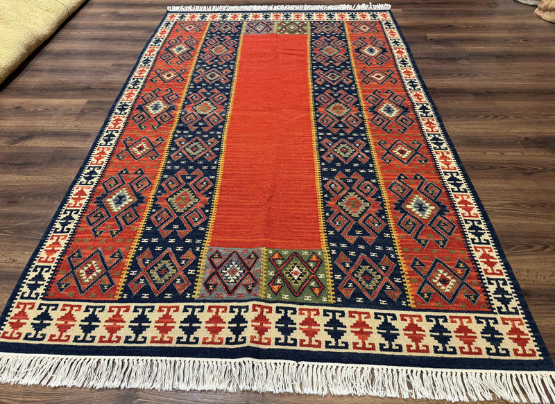 Turkish Kilim Rug 5x8, Flatweave Carpet, Handmade Bohemian Rug, Terracotta and Navy Blue by Jewel Rugs