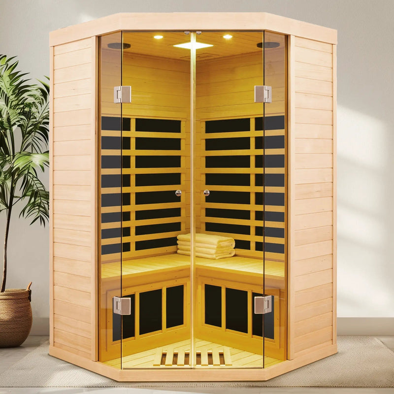 Deluxe Hemlock Far Infrared Corner Sauna Room with Glass Front for Two Persons by HouseOfZazla